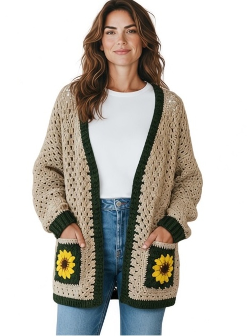 Beige Handmade Crochet Cardigan with Sunflower Pocket Trim - Women Sweater